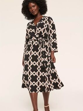 NWT Lane Bryant Faux Wrap Midi Dress in Black and Cream Jersey 3/4 Sleeves